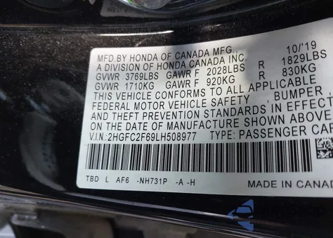 2020 Honda Civic Lx из США, поврежденный, VIN 2HGFC2F69LH508977